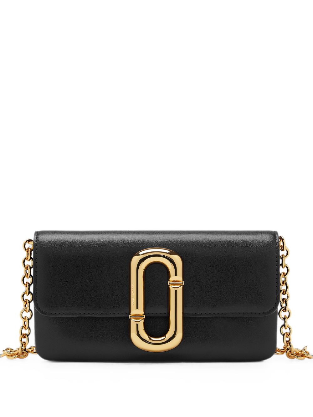 MARC JACOBS Clutch nera in pelle con tracolla a catena e placca logo dorate 