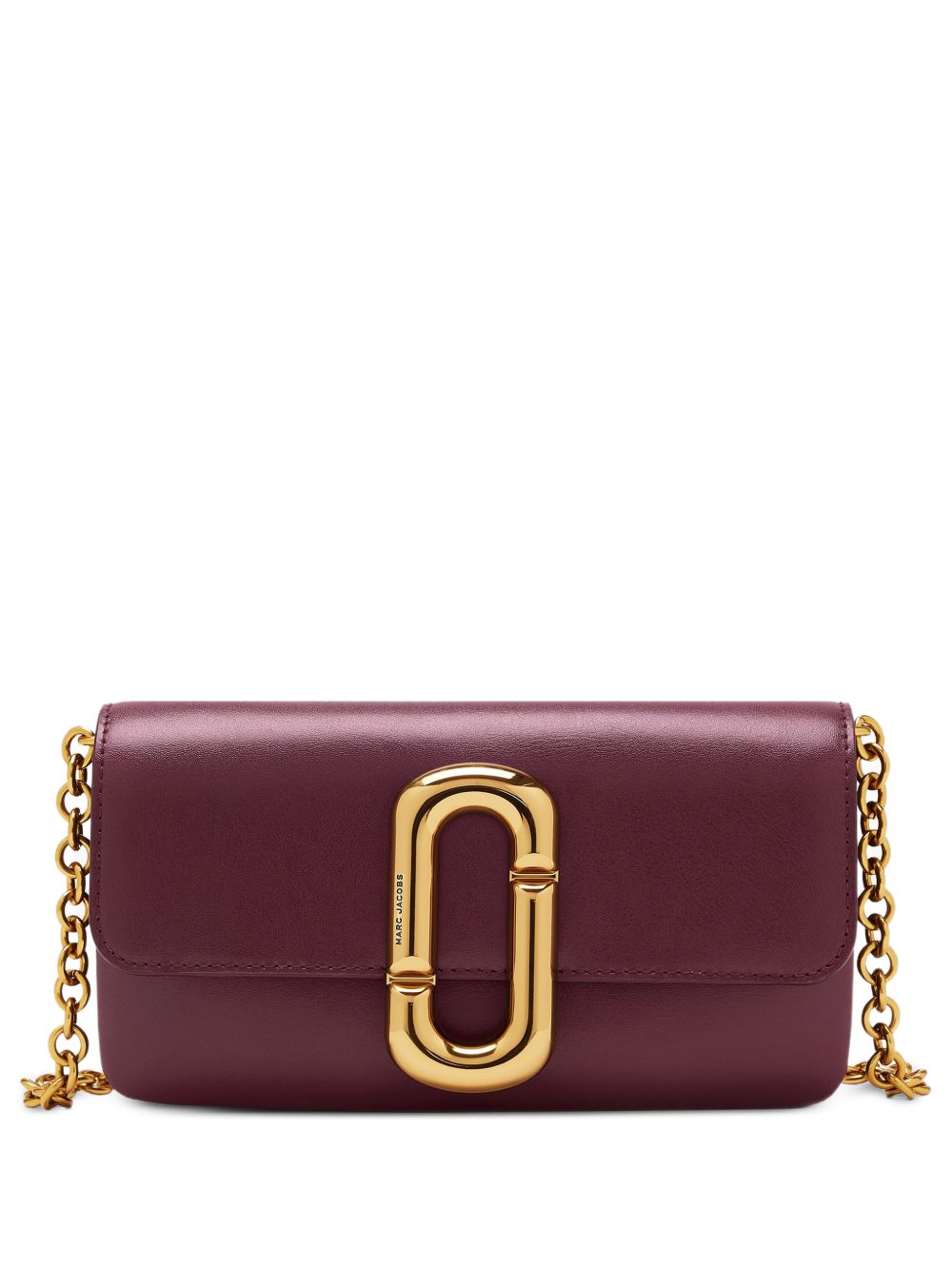 MARC JACOBS Clutch bordeaux in pelle con tracolla a catena e placca logo 