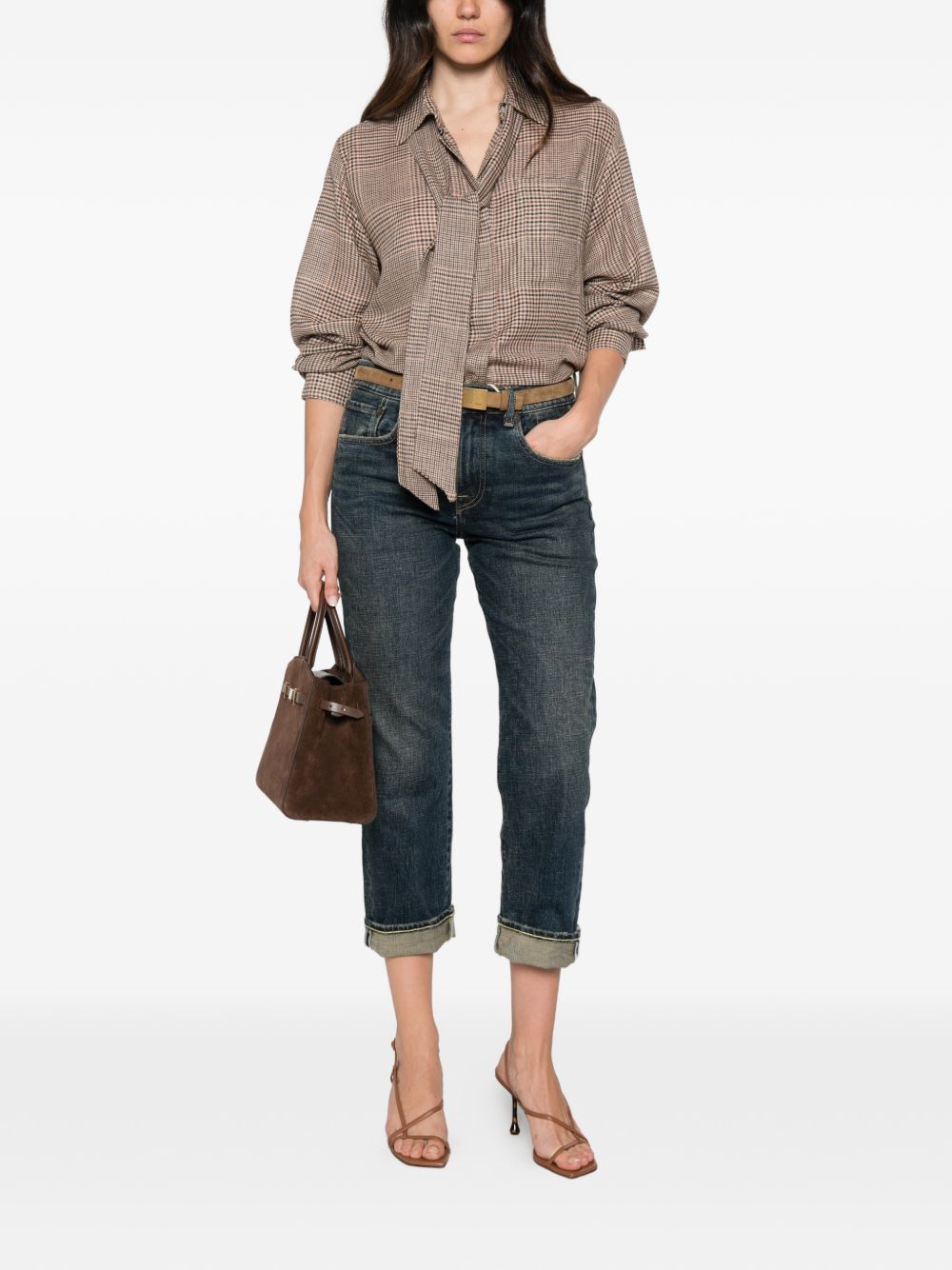 MARELLA Camicia scozzese beige in modal con cravattino 