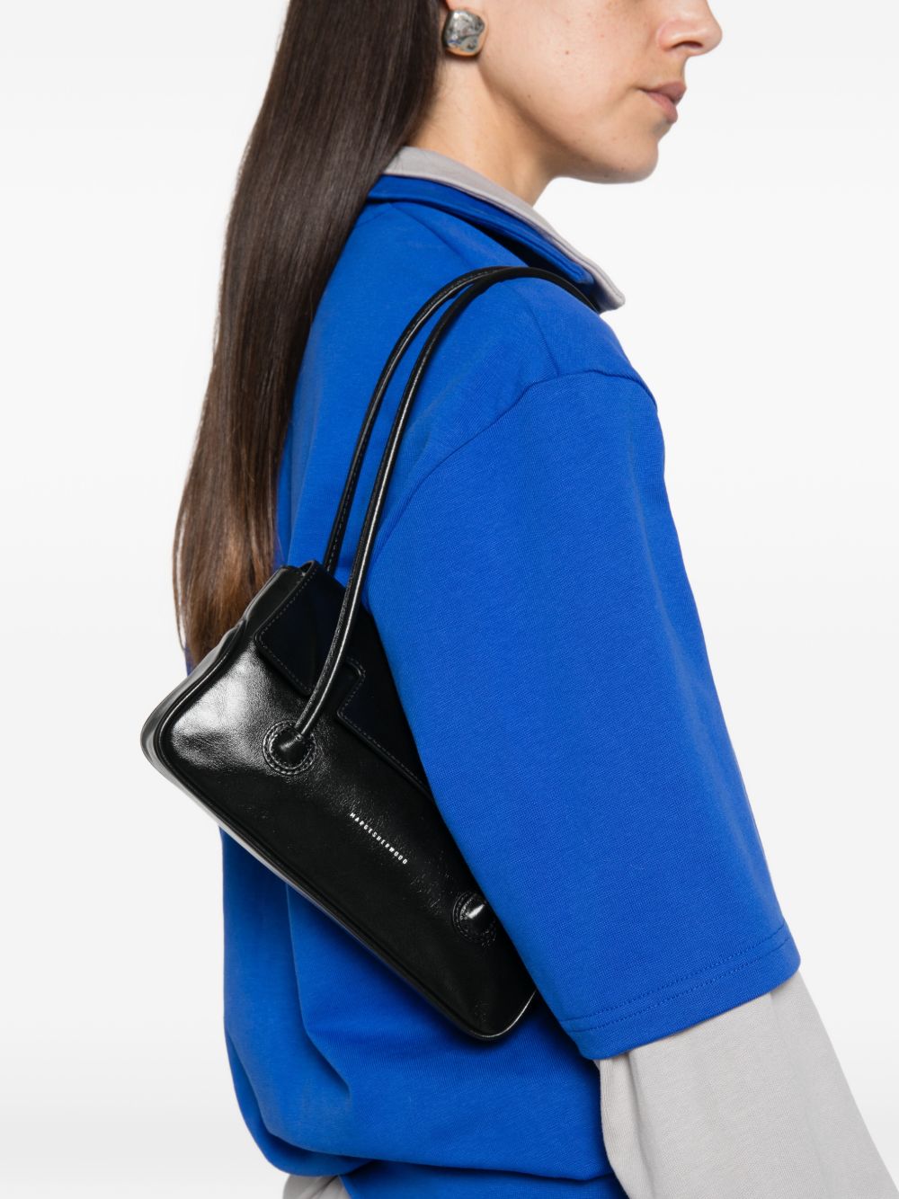 MARGESHERWOOD Flap Small Borsa a Spalla in Pelle Nera Lucida 