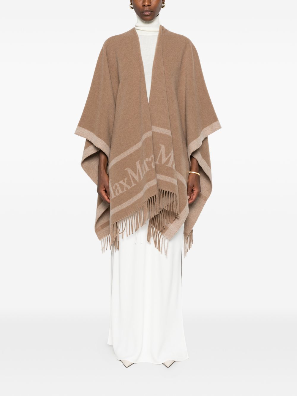 MAX MARA Poncho in pura lana con jacquard e frange 