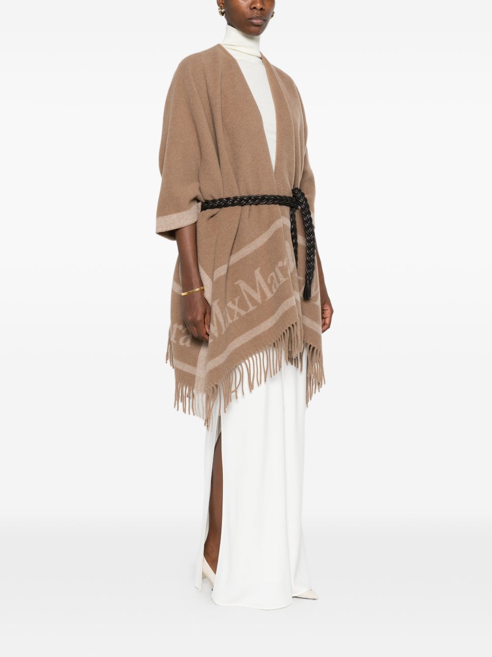 MAX MARA Poncho in pura lana con jacquard e frange 