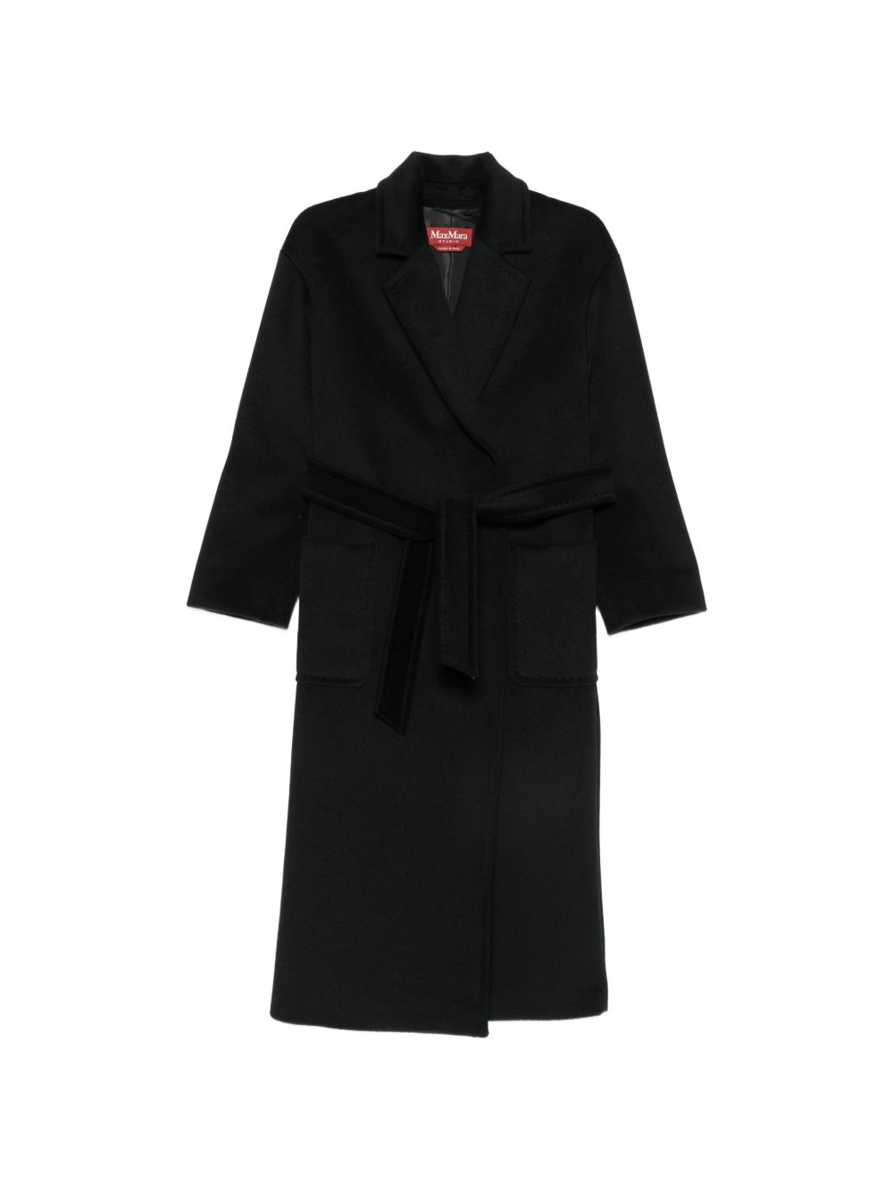 MAX MARA STUDIO Cappotto Lungo Nero in Lana con cintura 
