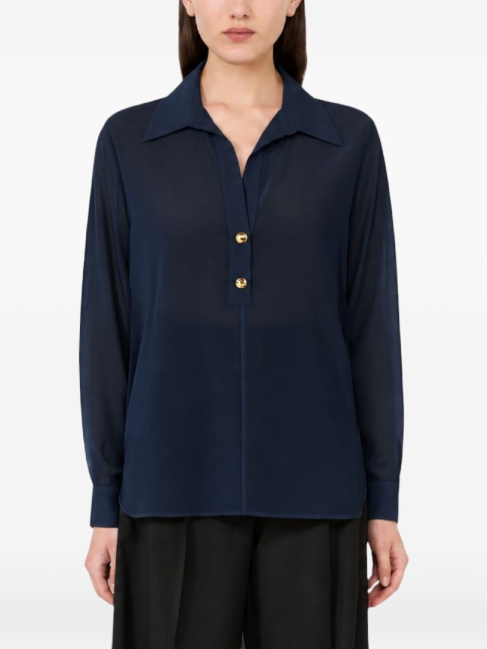 MAX MARA STUDIO Camicia blu in seta semitrasparente con bottoni dorati 