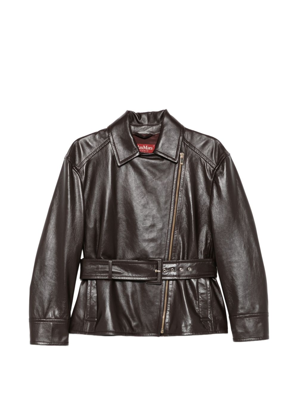 MAX MARA STUDIO Giacca in pelle con cintura in vita e chiusura asimmetrica 