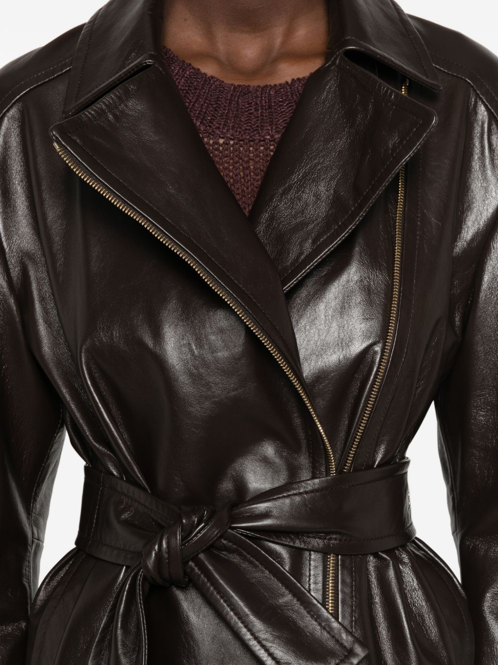 MAX MARA STUDIO Giacca in pelle con cintura in vita e chiusura asimmetrica 