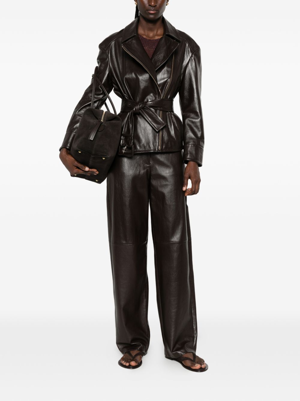 MAX MARA STUDIO Giacca in pelle con cintura in vita e chiusura asimmetrica 