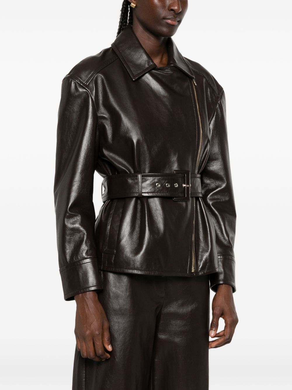 MAX MARA STUDIO Giacca in pelle con cintura in vita e chiusura asimmetrica 