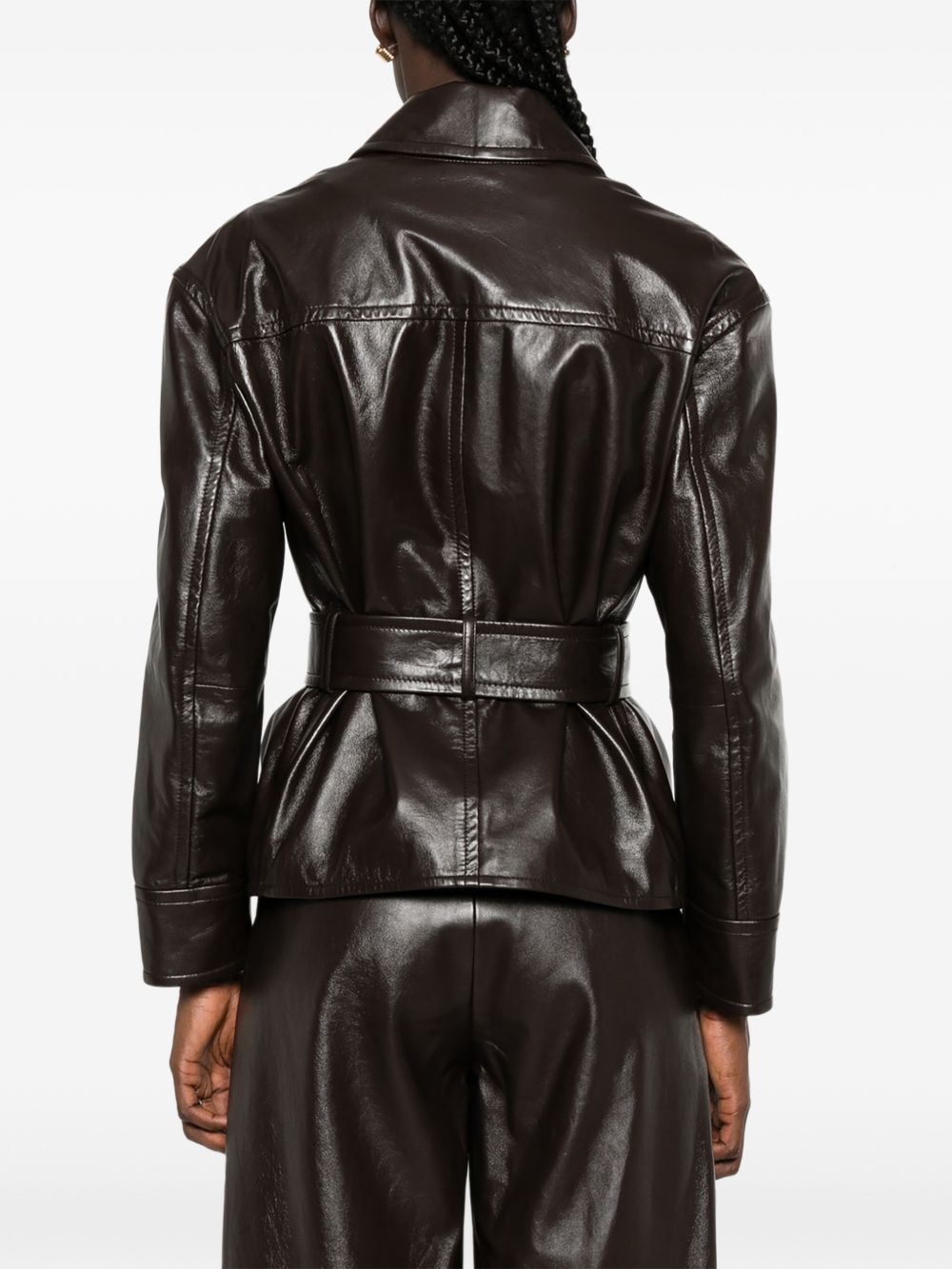 MAX MARA STUDIO Giacca in pelle con cintura in vita e chiusura asimmetrica 