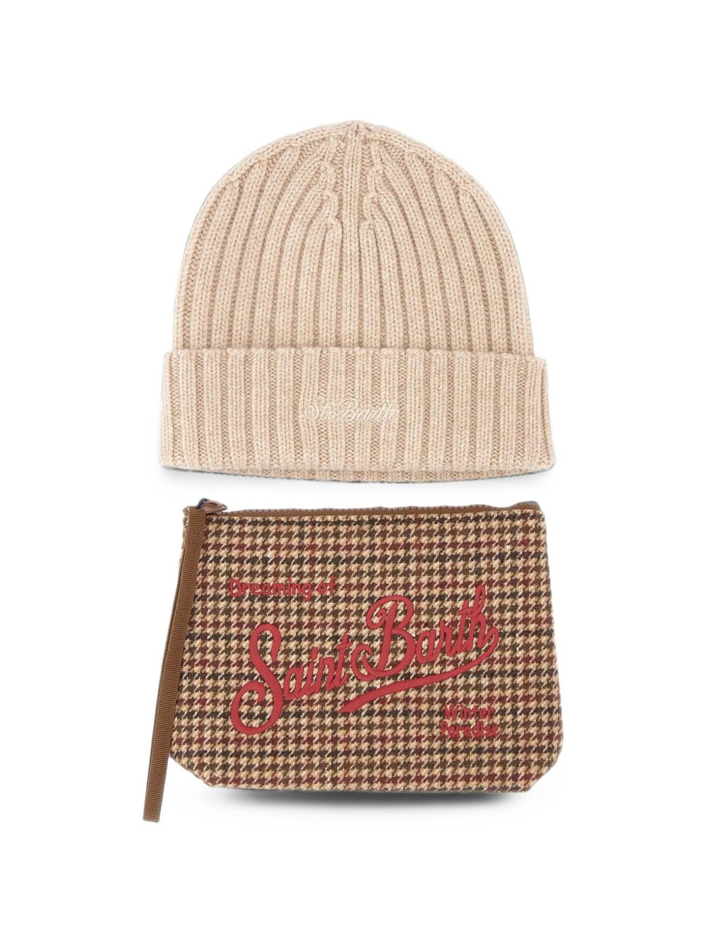 MC2 SAINT BARTH Christmas Box con Pochette pied de poule e berretto beige 