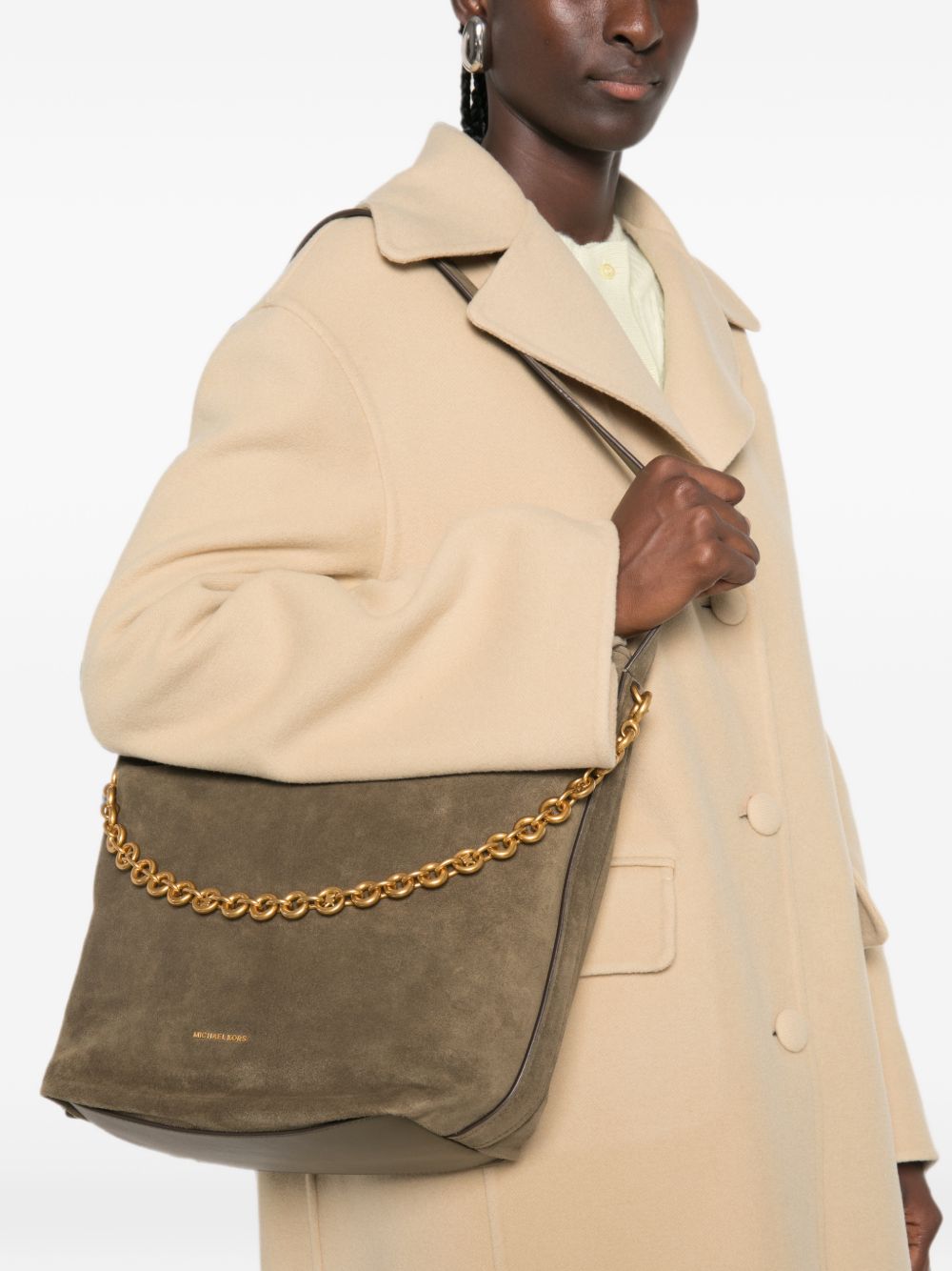 MICHAEL KORS Borsa a spalla in suede verde con tracolla e catena dorata 