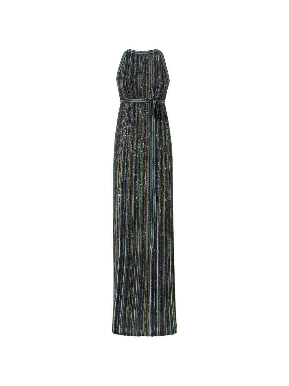 MISSONI Abito lungo verde scuro multicolor con strass e cintura regolabile 