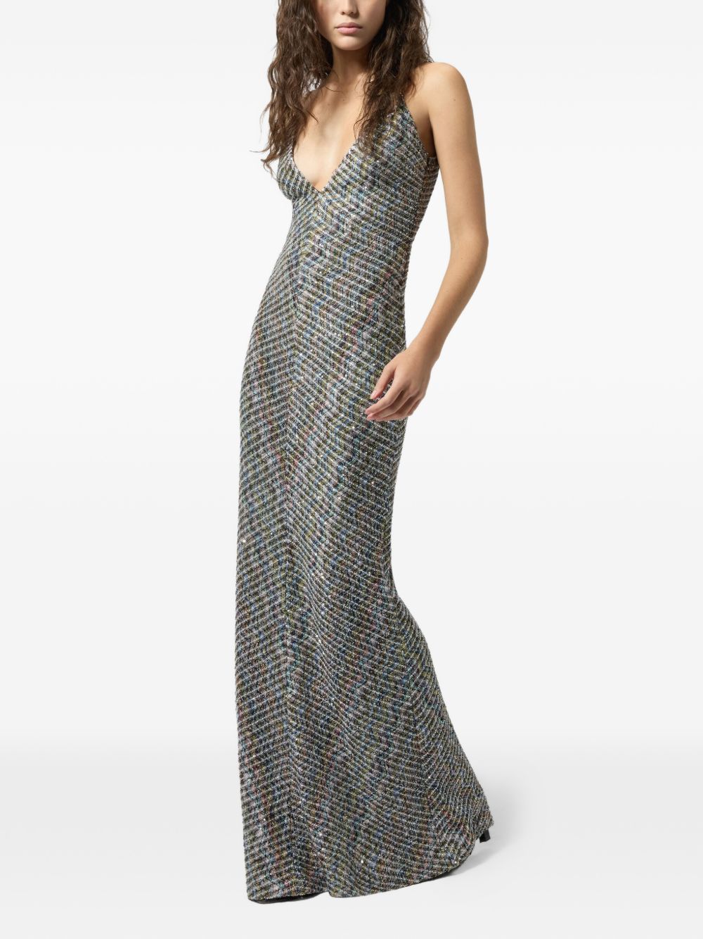 MISSONI Abito lungo elegante multicolor grigio con strass e scollo a V 