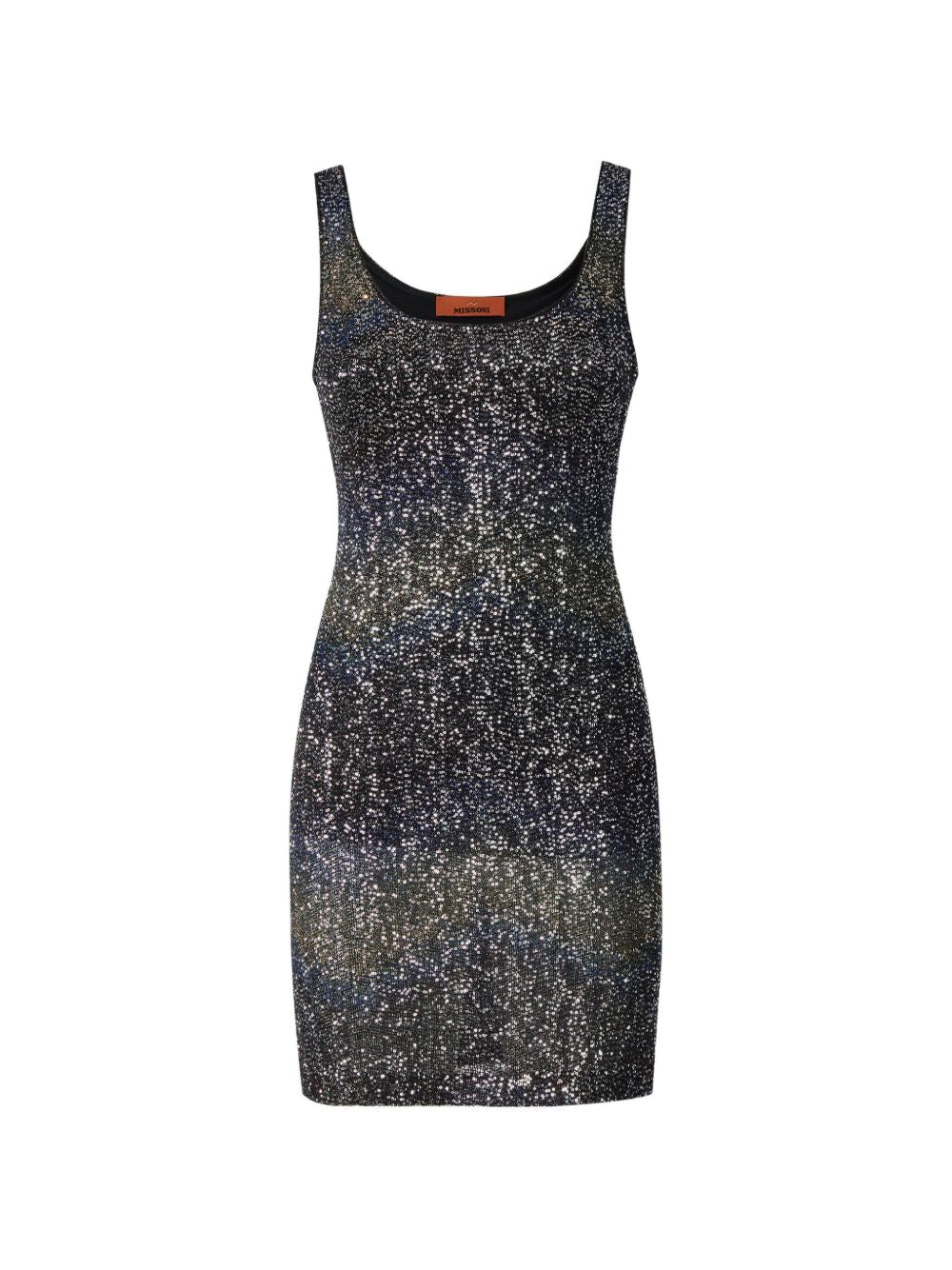MISSONI Abito corto slim blu smanicato con strass e scollo a barca 