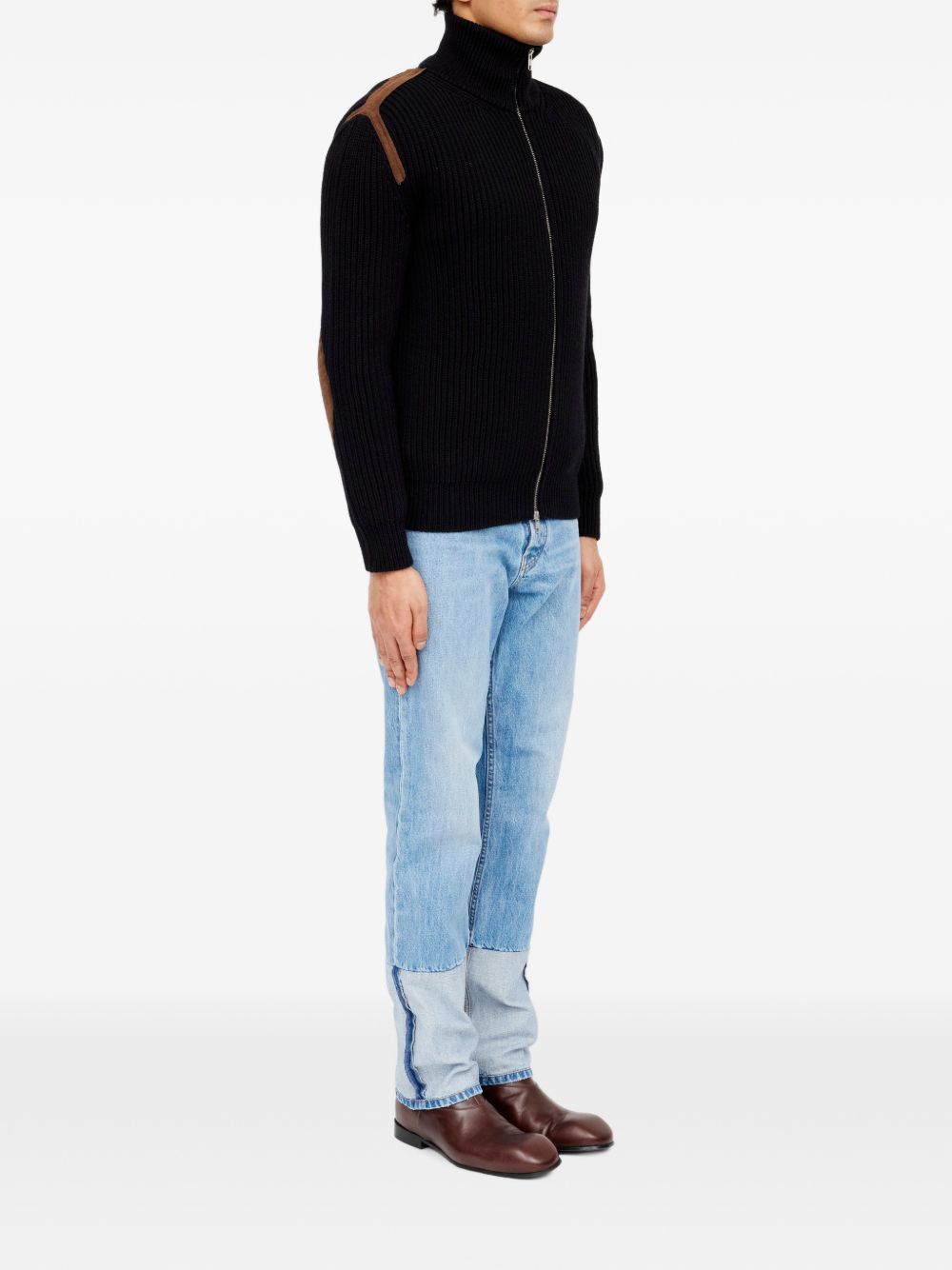 MM6 MAISON MARGIELA Cardigan nero in lana con zip e dettagli in velluto marrone 