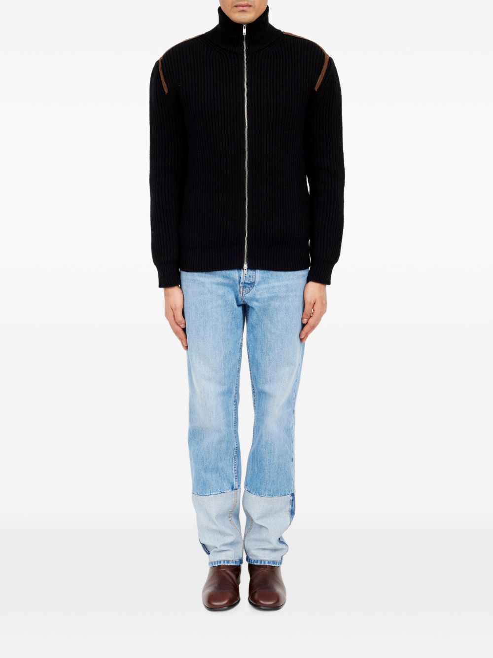 MM6 MAISON MARGIELA Cardigan nero in lana con zip e dettagli in velluto marrone 