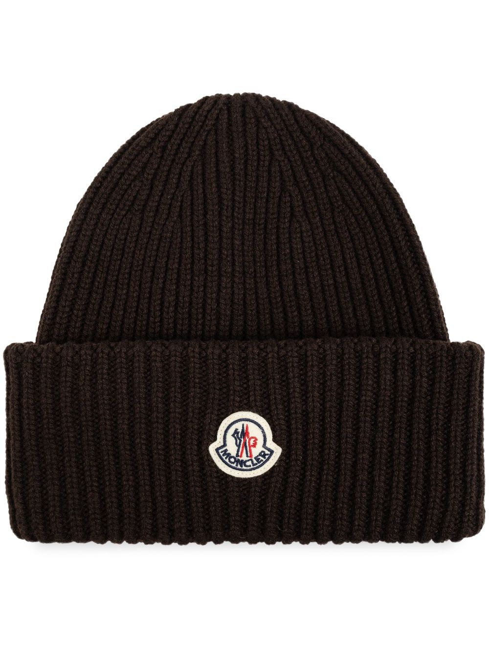 MONCLER Berretto marrone scuro in lana a coste con logo 