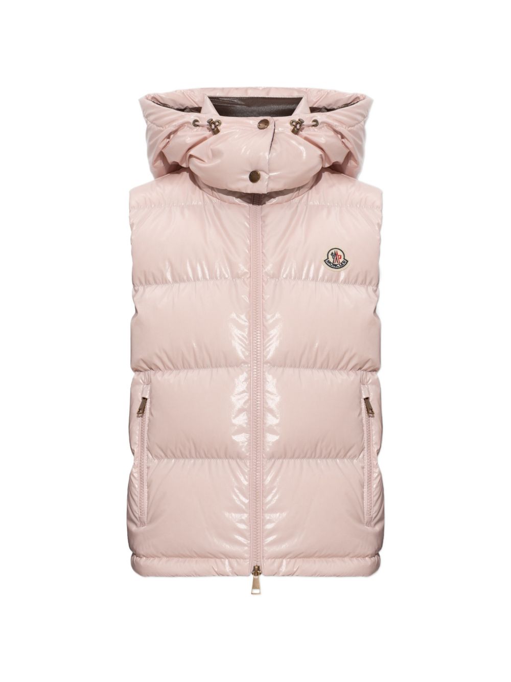 MONCLER Gilet imbottito rosa con cappuccio e tasche laterali 