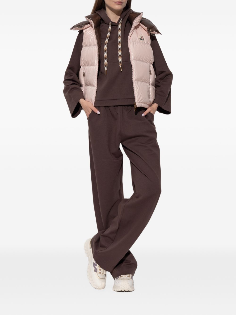 MONCLER Gilet imbottito rosa con cappuccio e tasche laterali 