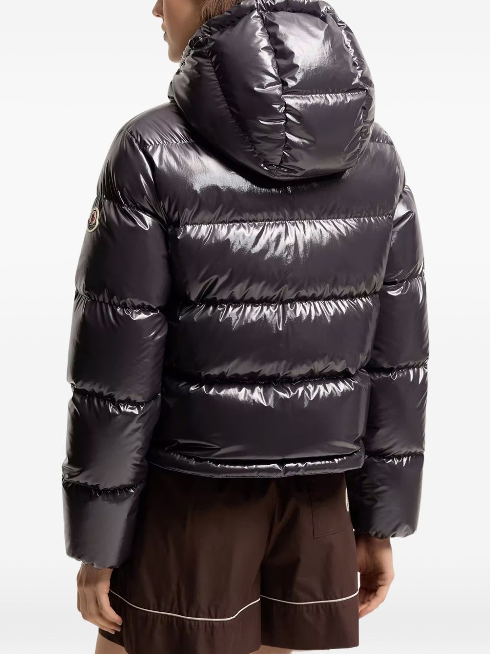 MONCLER Piumino corto lucido blu notte con cappuccio 