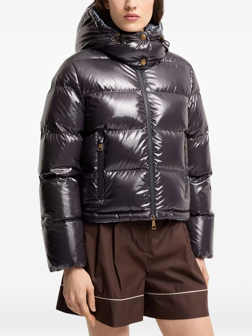 MONCLER Piumino corto lucido blu notte con cappuccio 