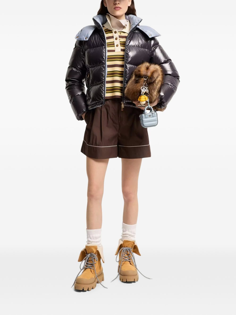 MONCLER Piumino corto lucido blu notte con cappuccio 