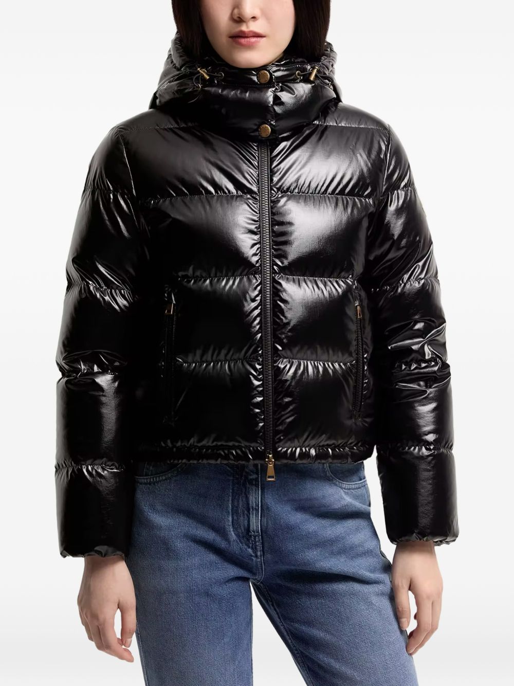 MONCLER Piumino corto lucido nero con cappuccio 