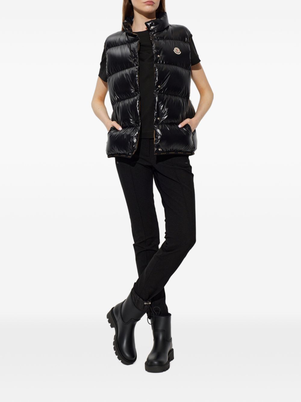 MONCLER Gilet imbottito nero lucido con collo alto 