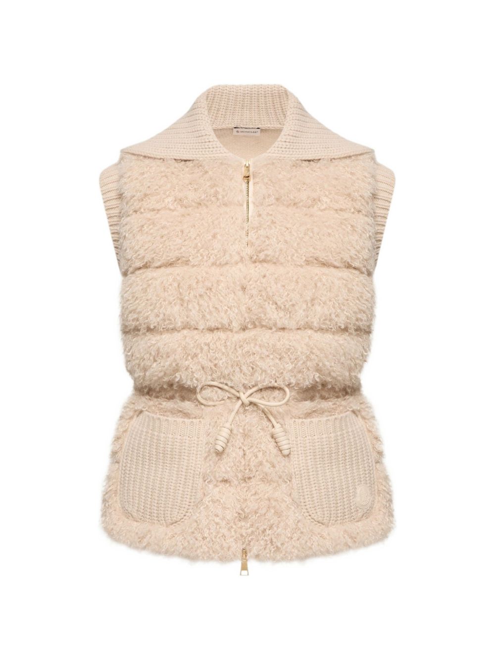 MONCLER Gilet in maglia imbottito con cintura in vita e texture effetto fur 
