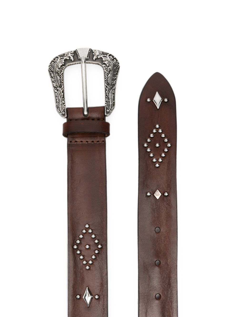 ORCIANI Cintura Antique in pelle marrone con fibbia argentata e borchiette 