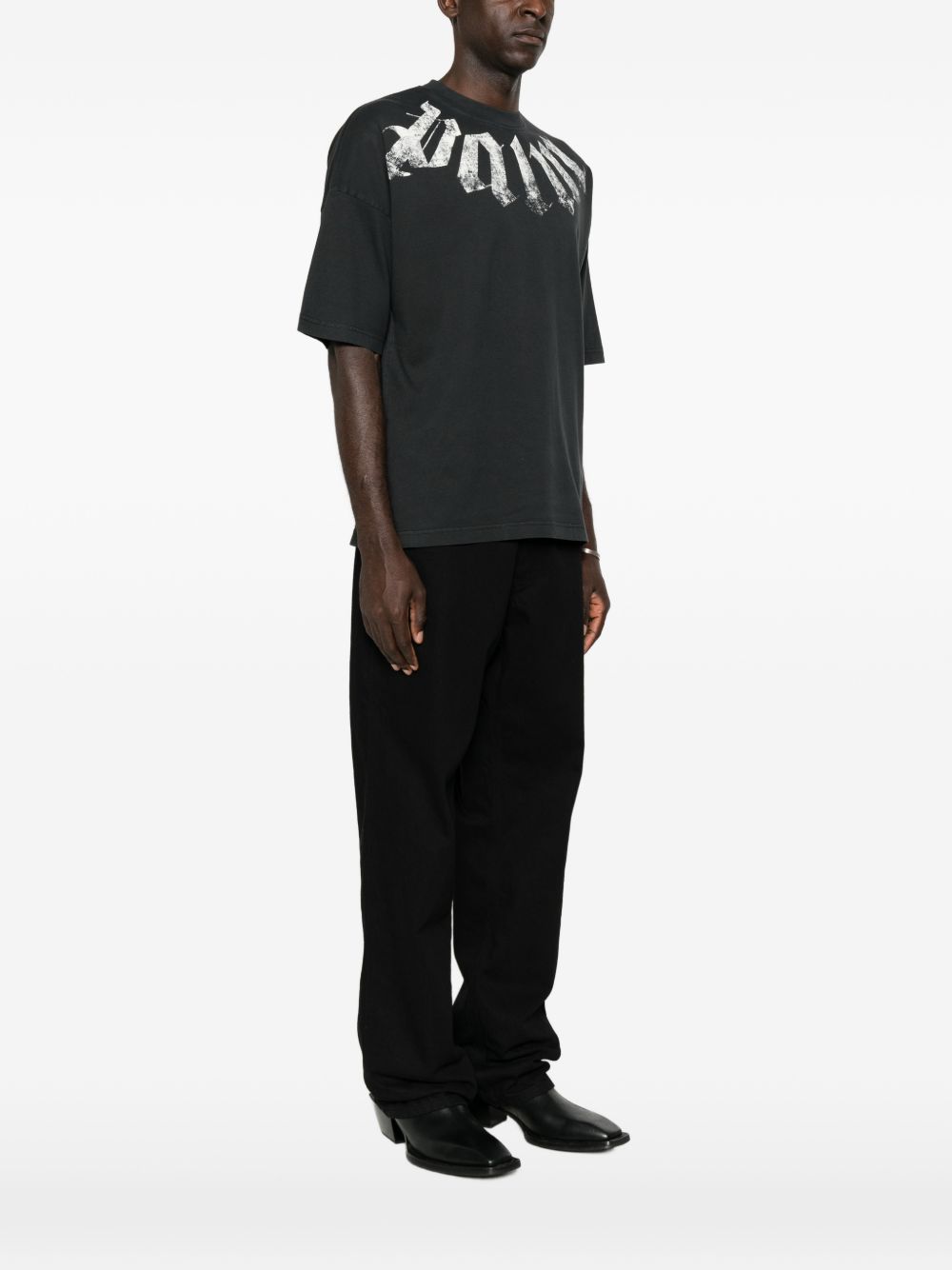 PALM ANGELS T-shirt nera a maniche over 3/4 con stampa bianca 