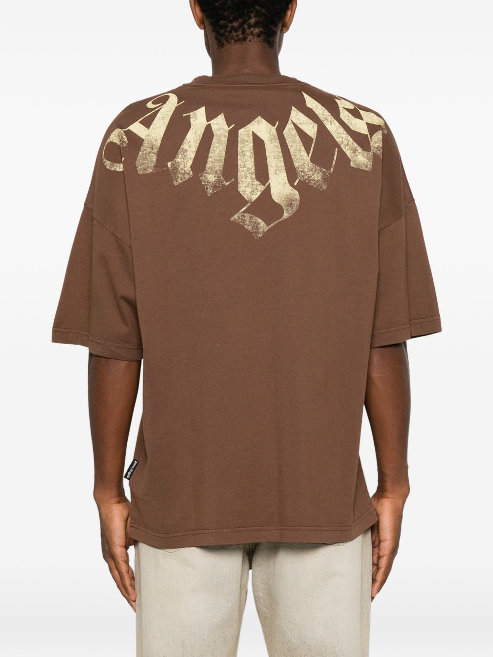 PALM ANGELS T-shirt marrone a maniche over 3/4 con stampa tipografica bianca 