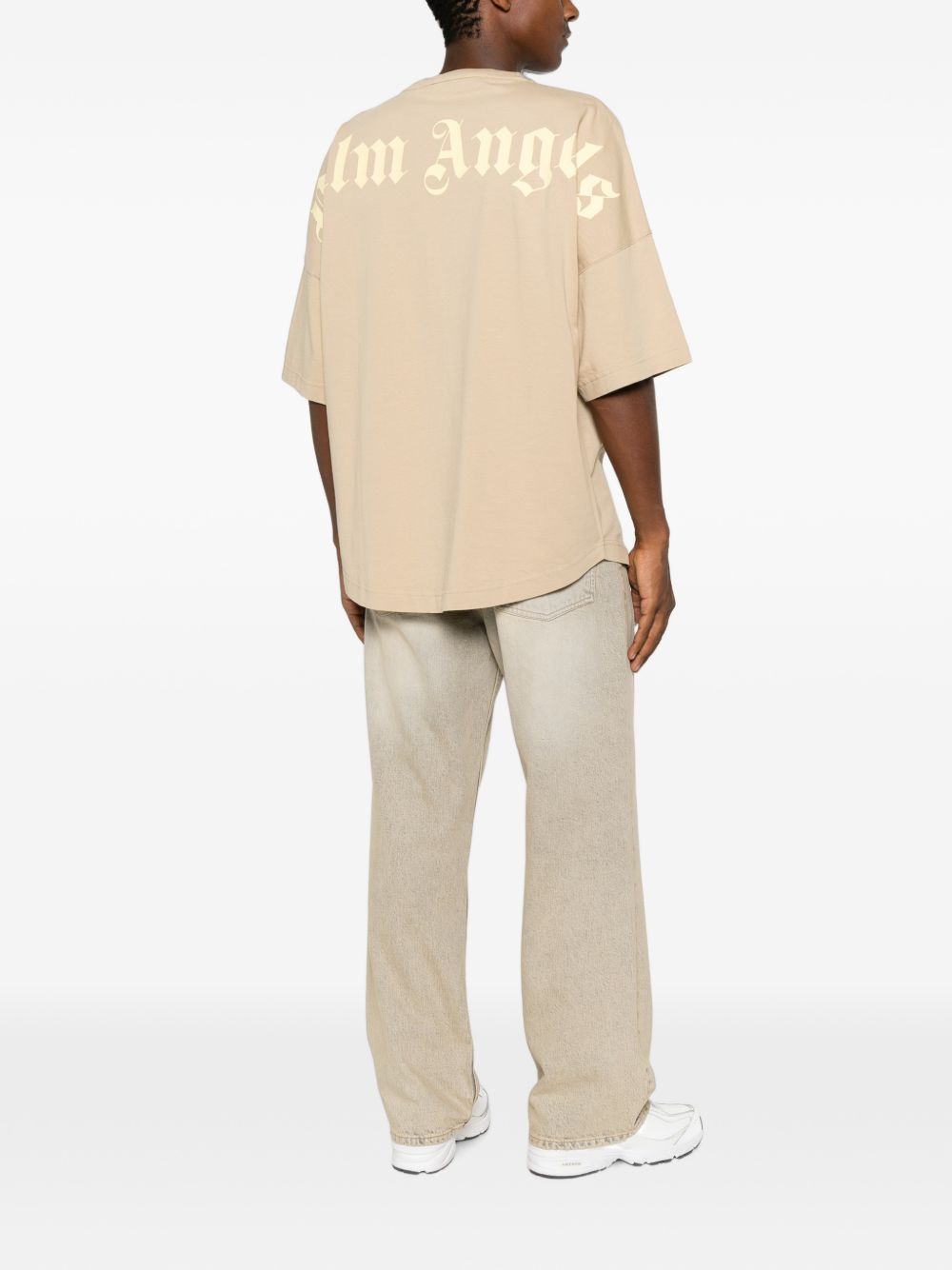 PALM ANGELS T-shirt minimal beige a maniche 3/4 con logo sul girocollo 