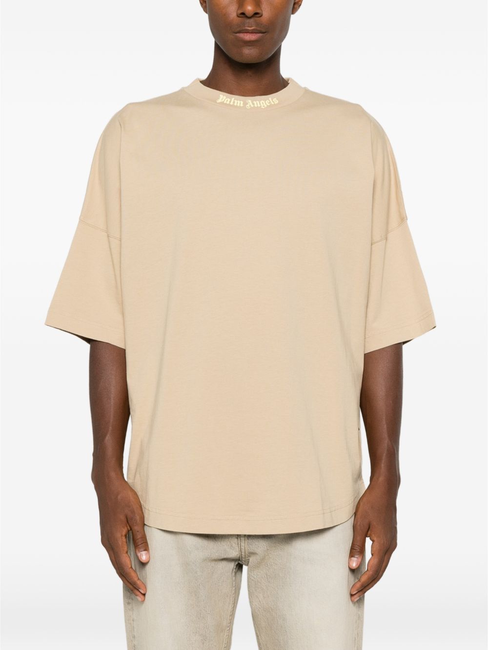 PALM ANGELS T-shirt minimal beige a maniche 3/4 con logo sul girocollo 