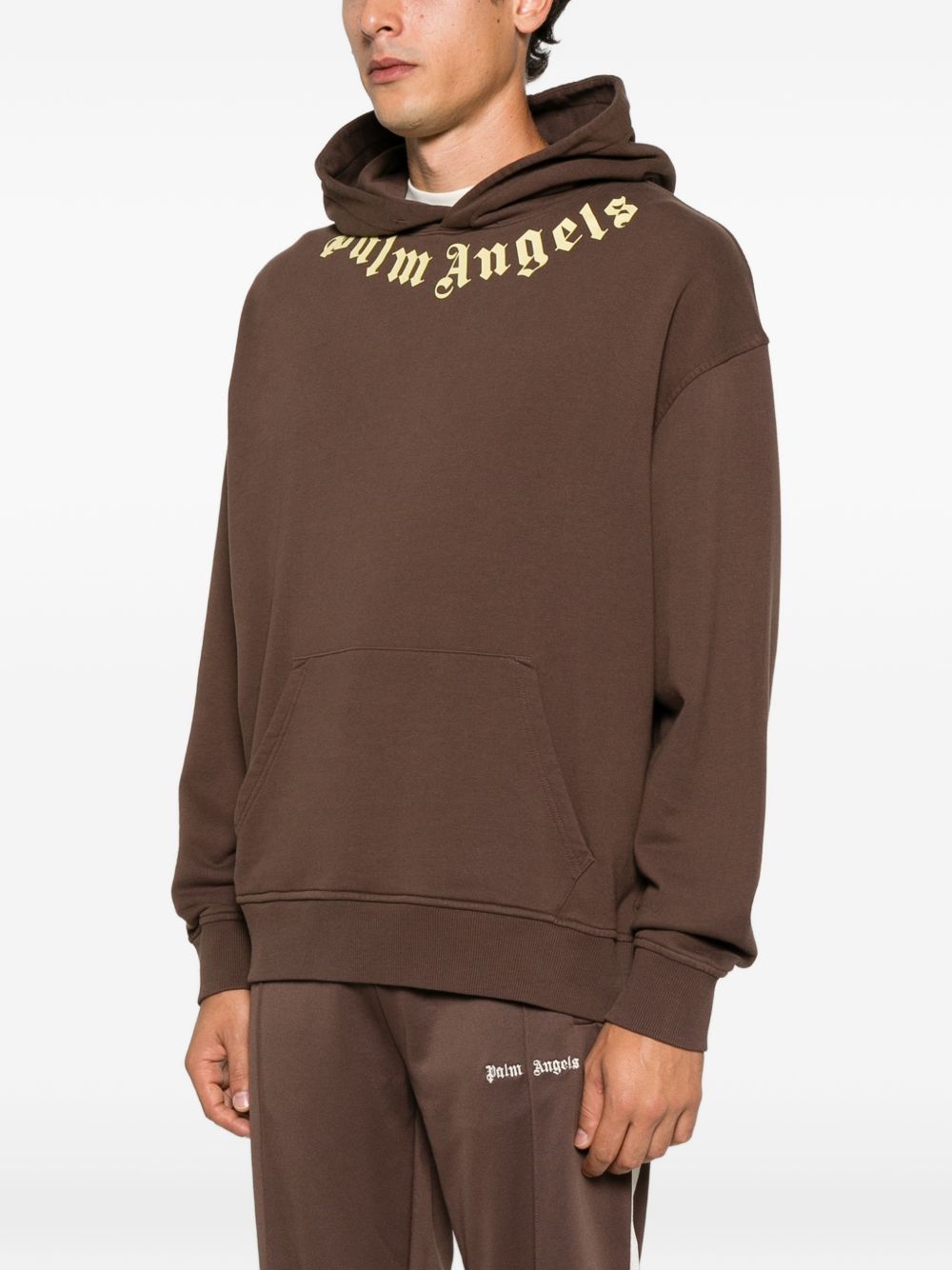 PALM ANGELS Felpa marrone con cappuccio in cotone con logo tipografico 