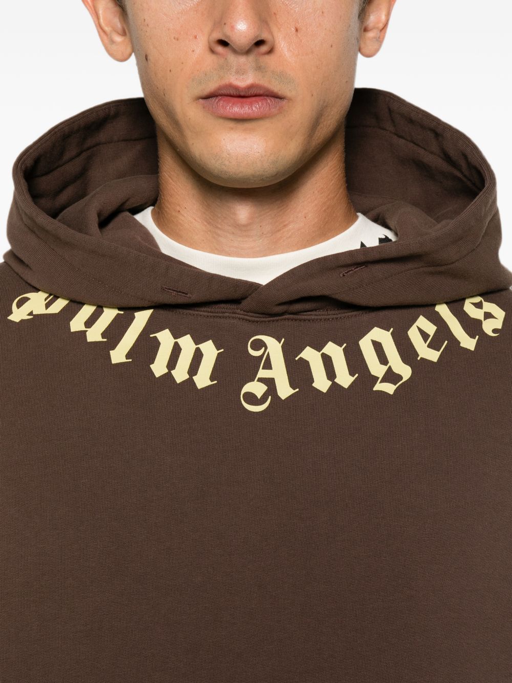 PALM ANGELS Felpa marrone con cappuccio in cotone con logo tipografico 