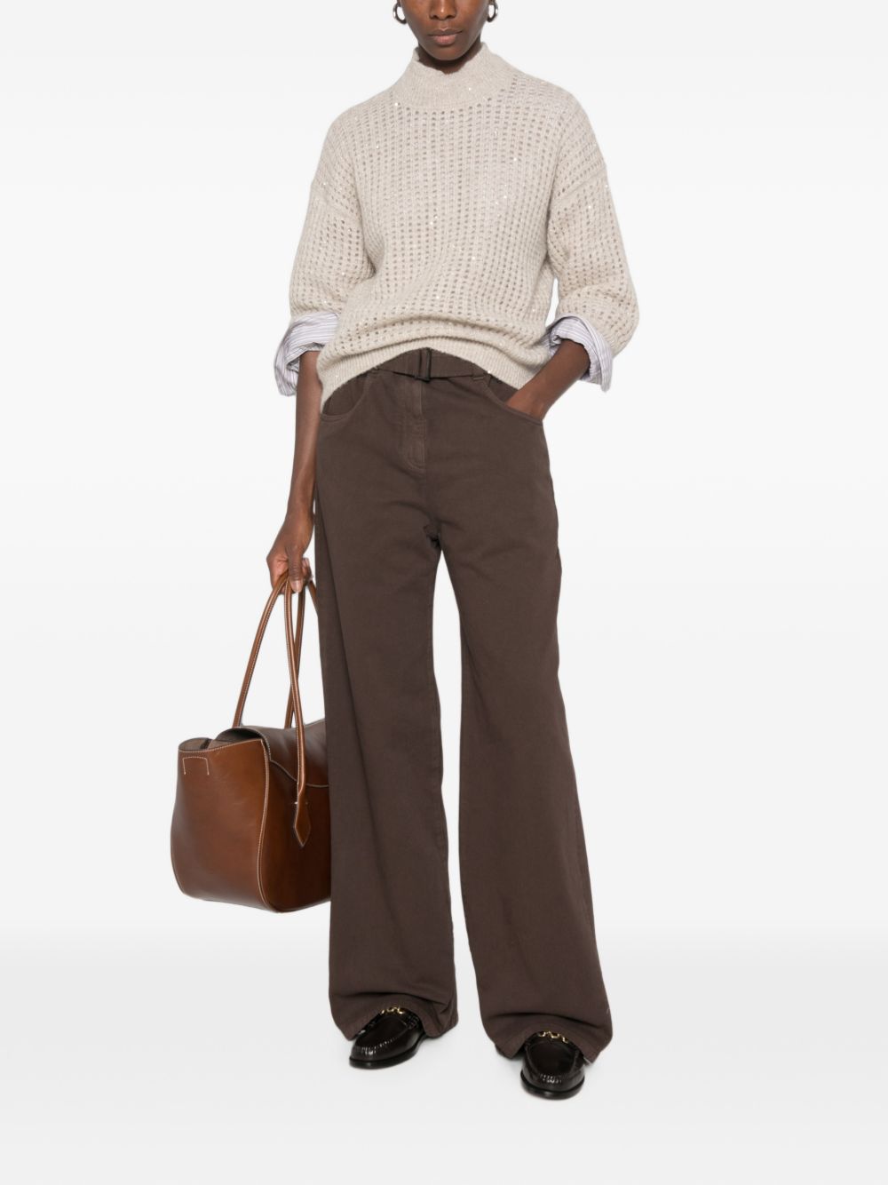 PESERICO Maglia beige in lana a maglia larga con collo alto 