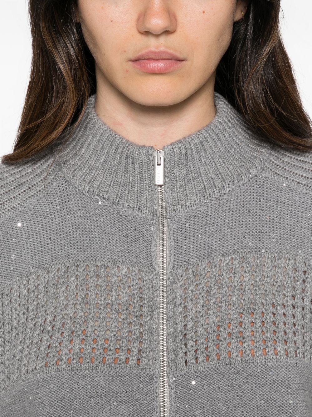 PESERICO Cardigan grigio in lana con zip e strass 