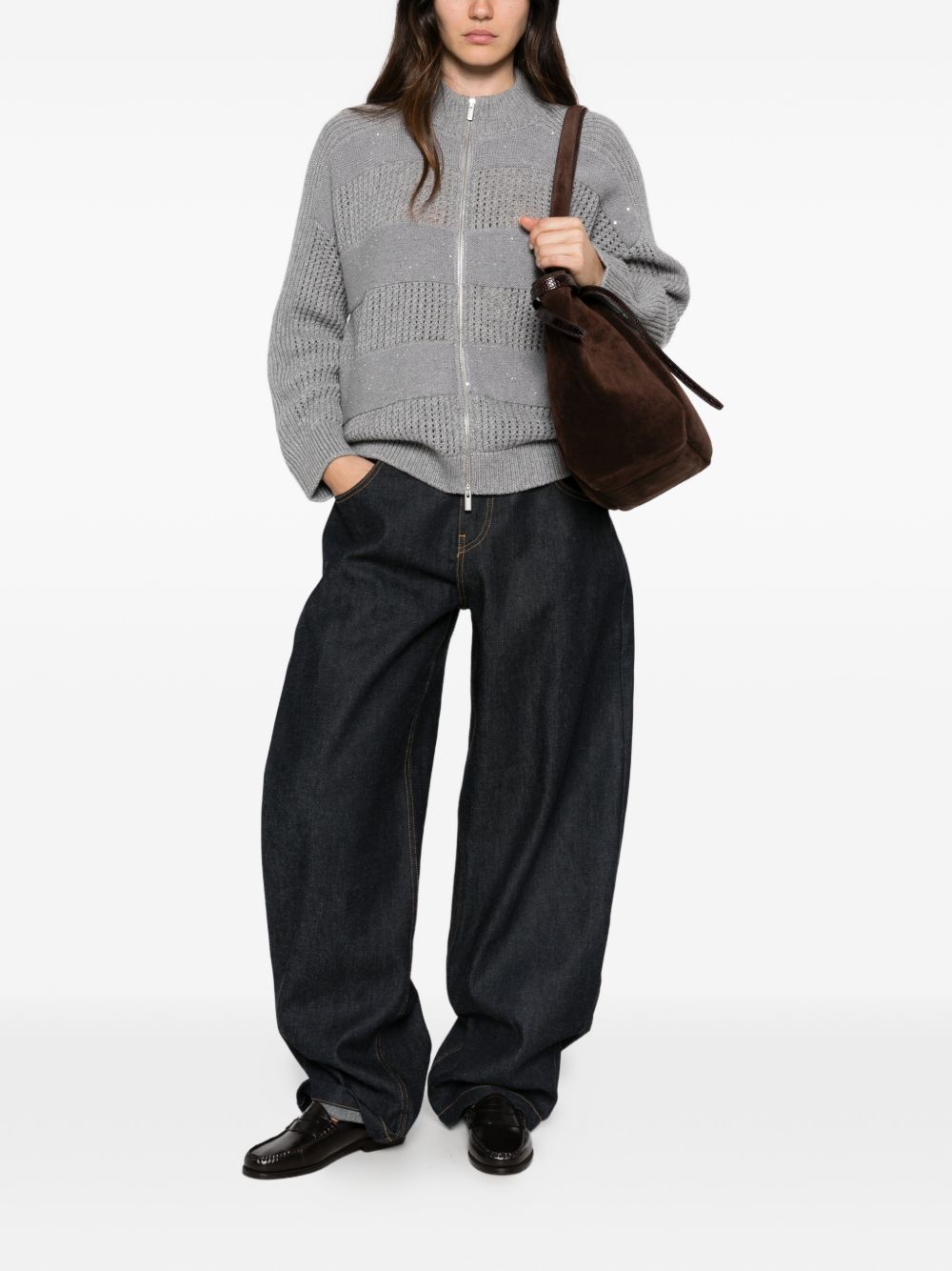 PESERICO Cardigan grigio in lana con zip e strass 