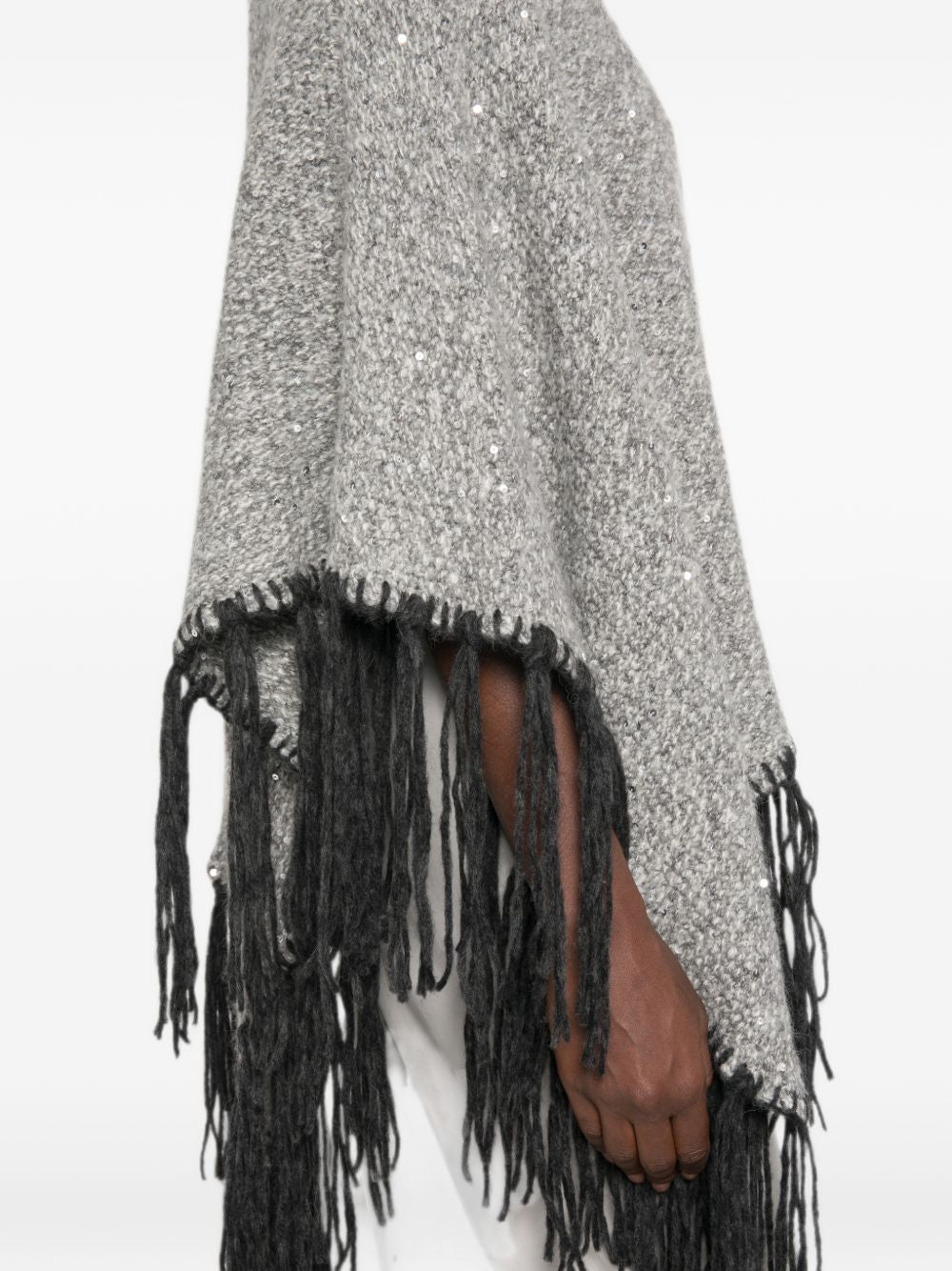 PESERICO Poncho grigio in lana con strass e frange nere 