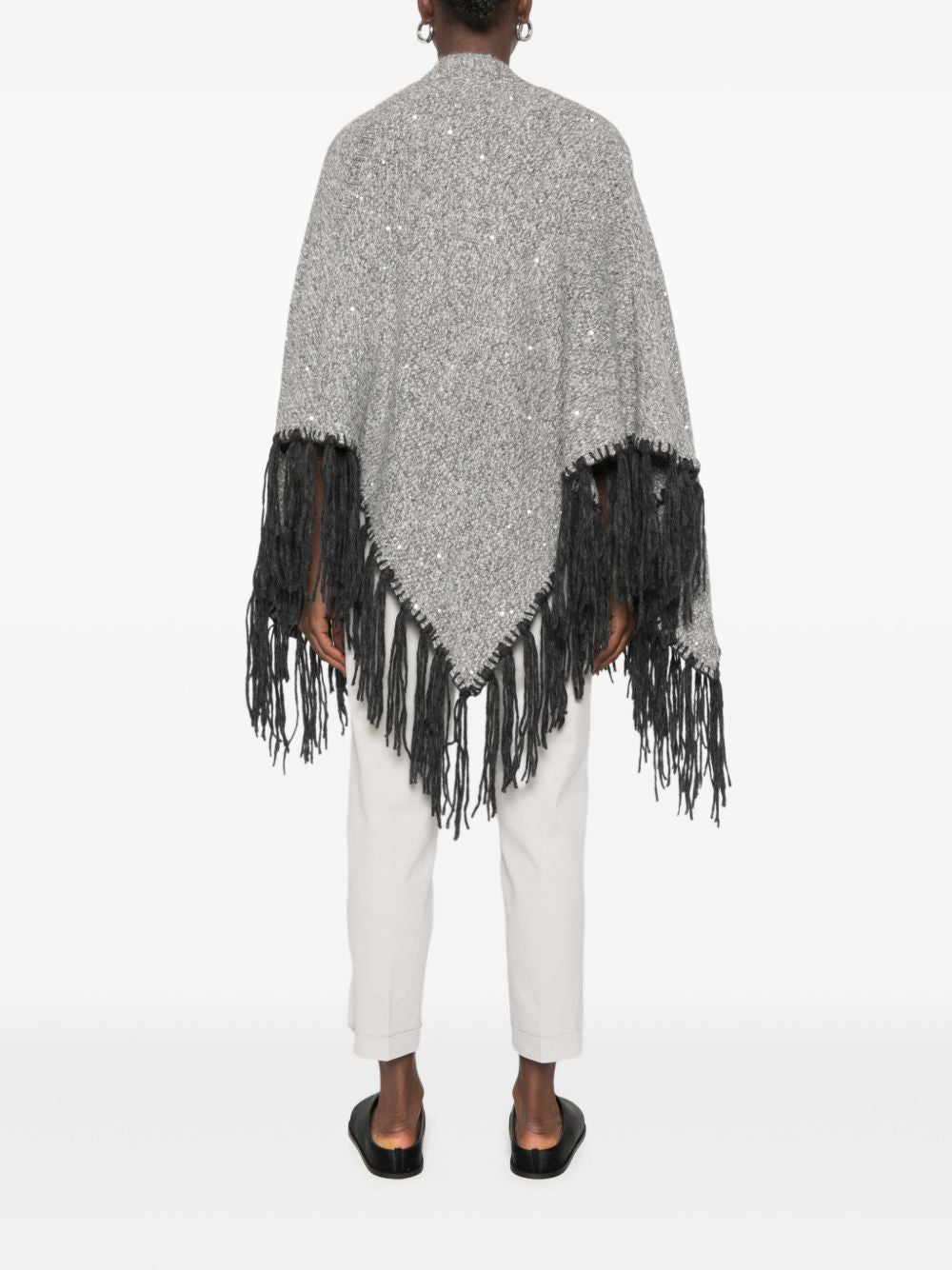 PESERICO Poncho grigio in lana con strass e frange nere 