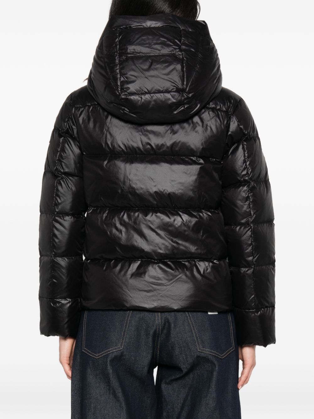 PEUTEREY Short black down jacket with a hood, filled with goose down 