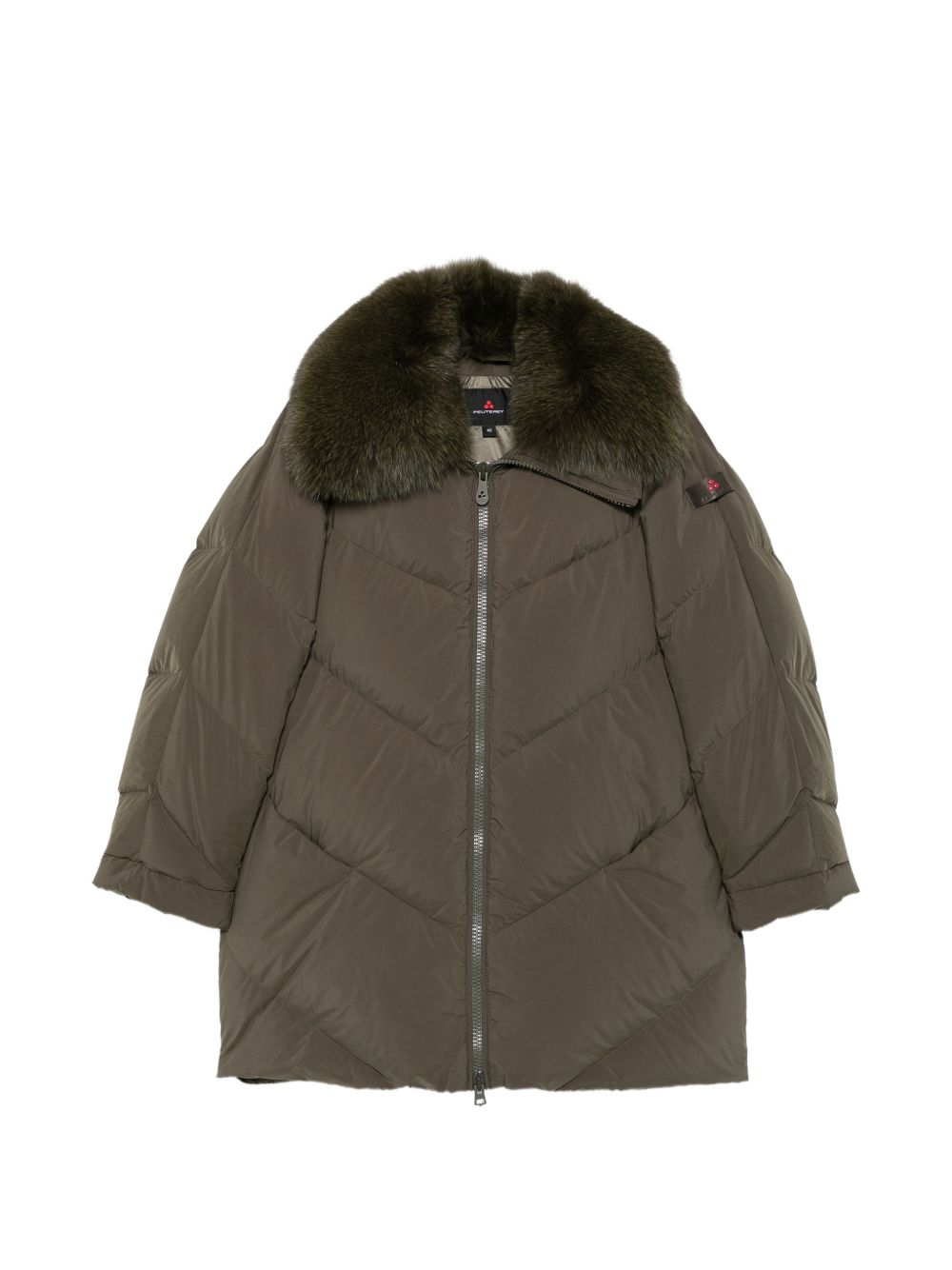 PEUTEREY Piumino lungo verde con zip e collo in ecopelliccia 