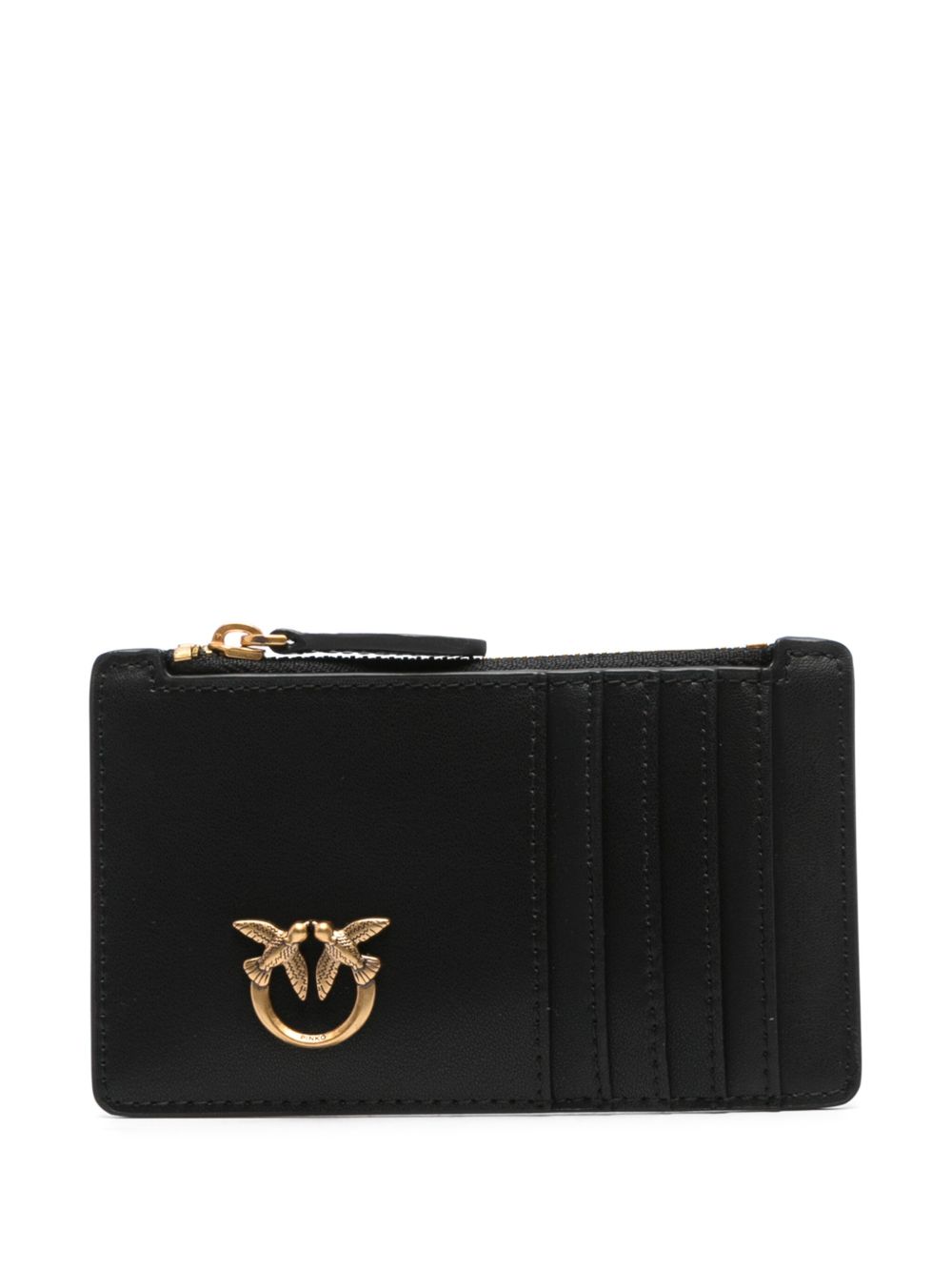 PINKO Portacarte Airone in pelle nera con placca logo dorata 
