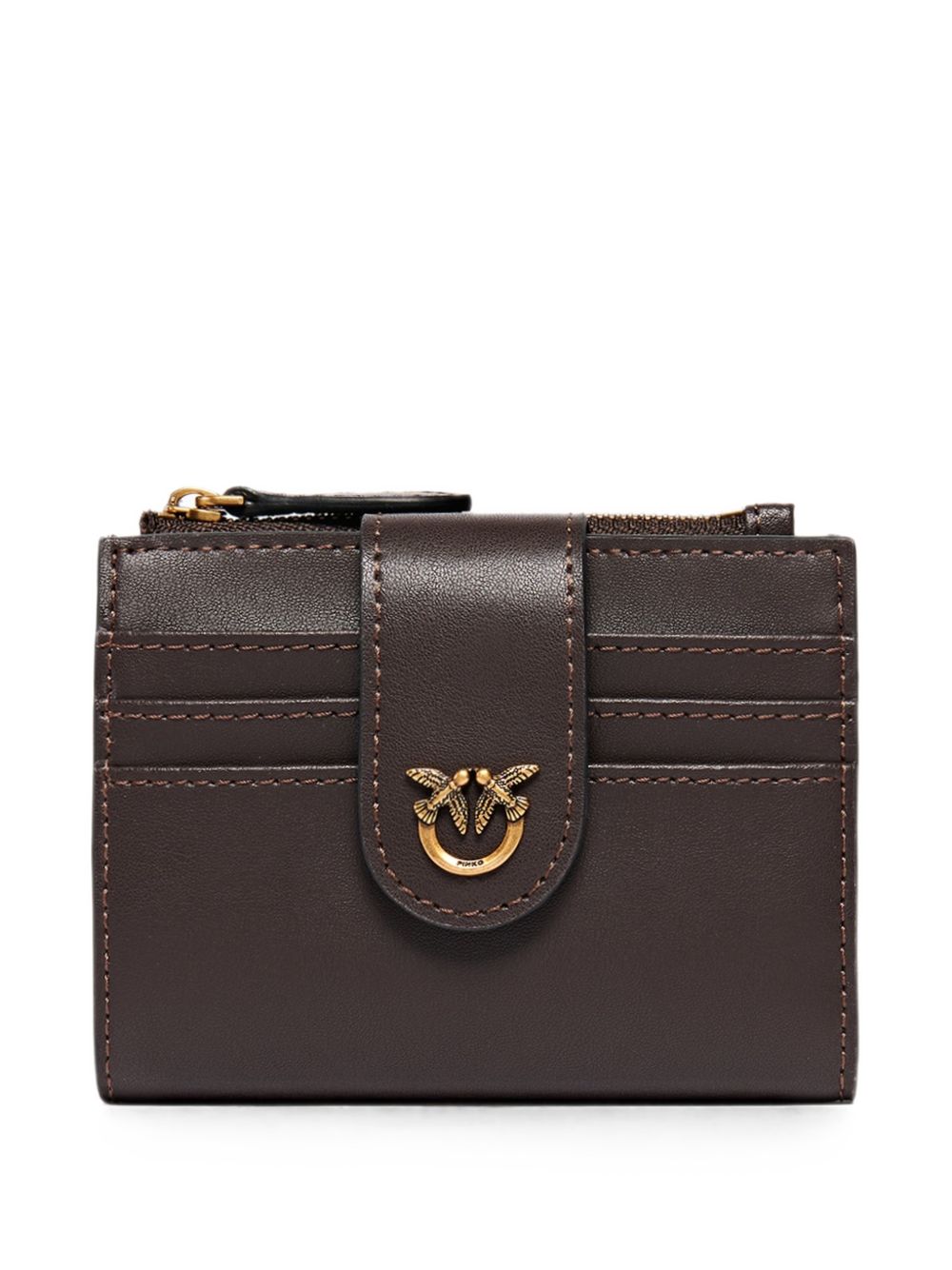 PINKO Portafoglio Multi Purpose in pelle marrone con bottone e zip 