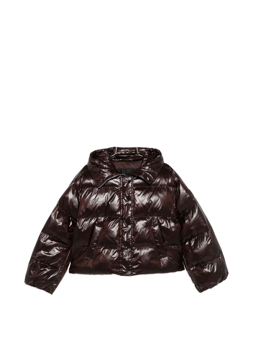 PINKO Piumino crop Impasto marrone lucido con cappuccio e tasche 