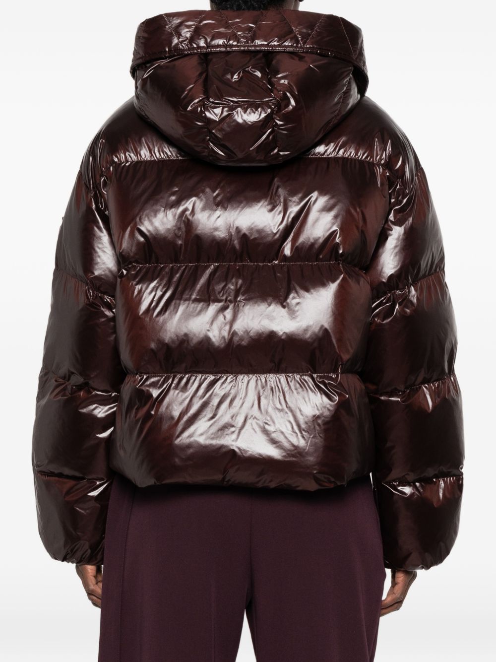 PINKO Piumino crop Impasto marrone lucido con cappuccio e tasche 
