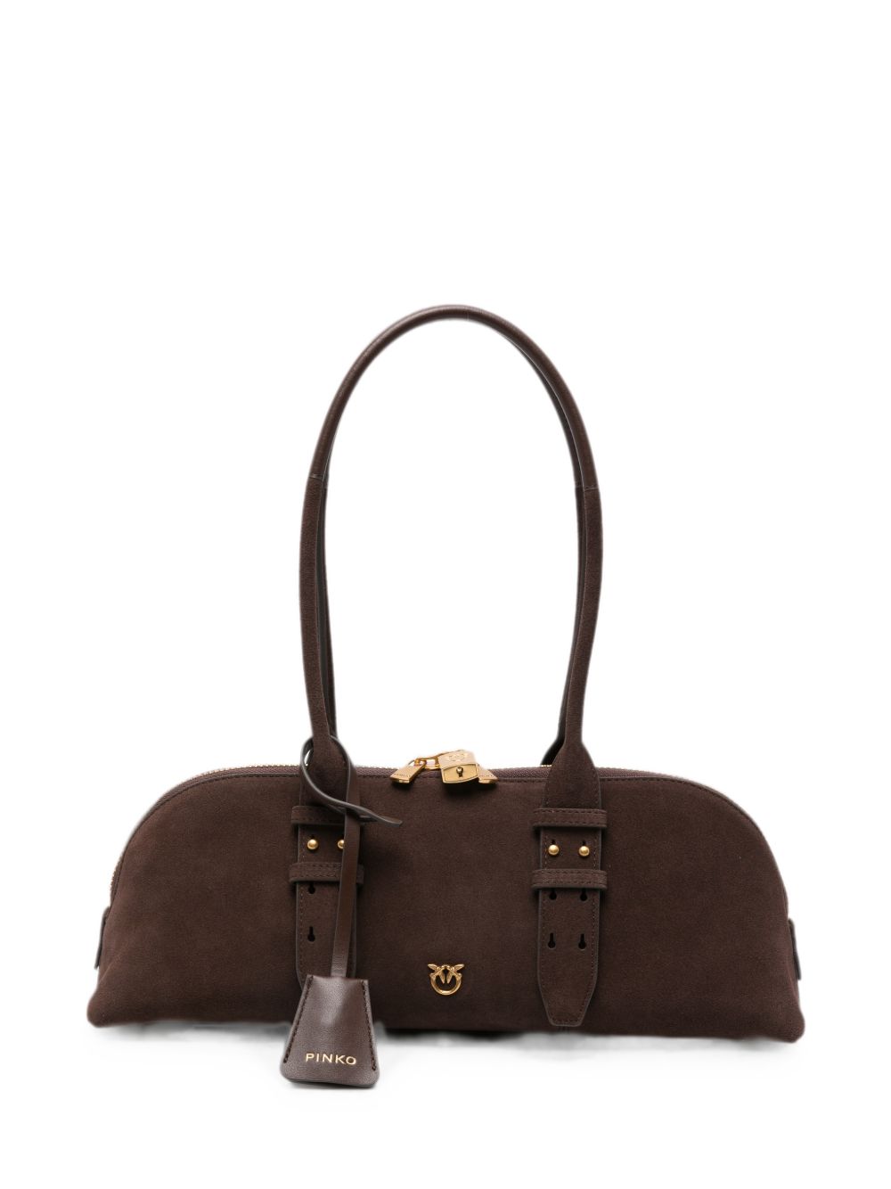 PINKO Borsa Bowling Horizontal in suede marrone con charm dorati 