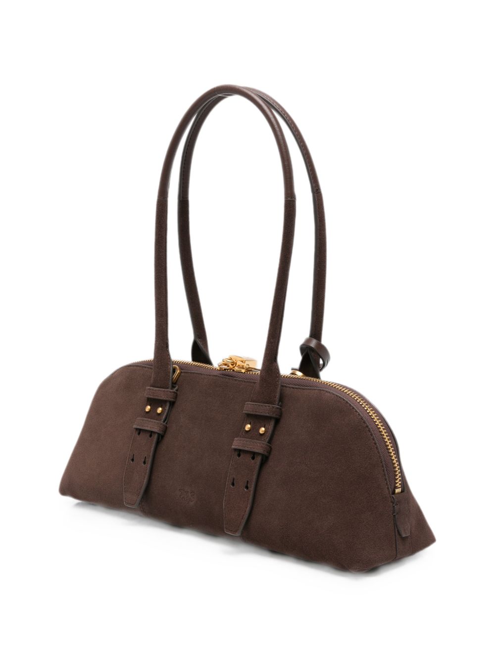 PINKO Borsa Bowling Horizontal in suede marrone con charm dorati 
