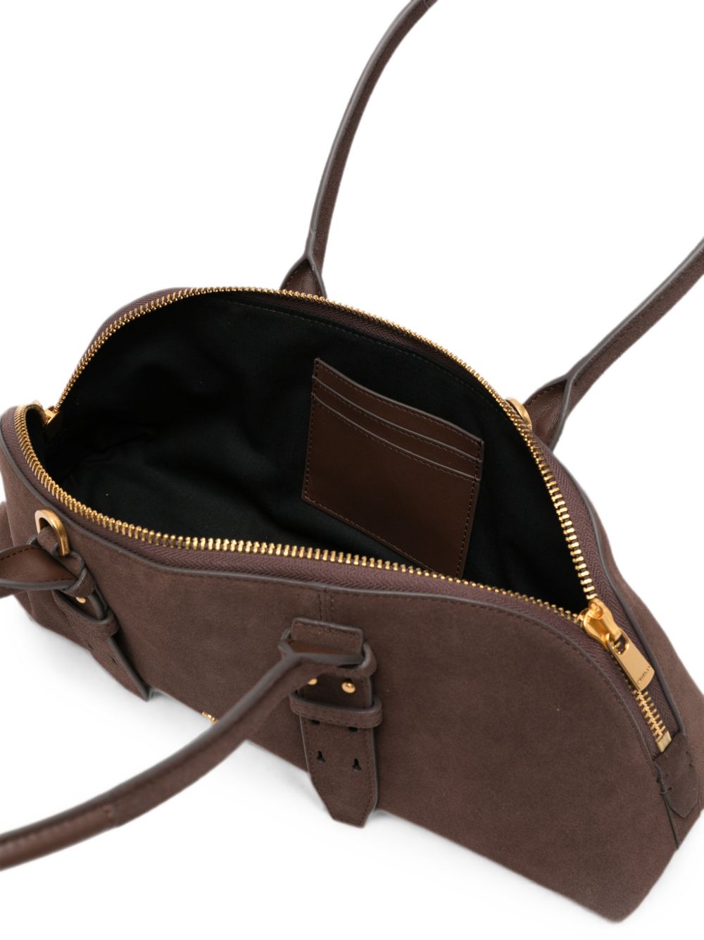 PINKO Borsa Bowling Horizontal in suede marrone con charm dorati 